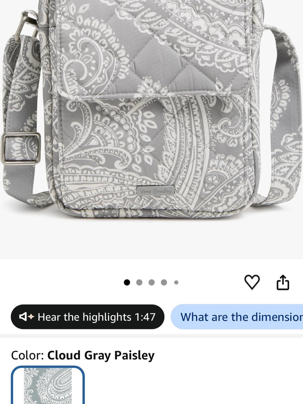 Vera Bradley Gray Paisley Quilted Crossbody
